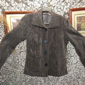 George Simonton brown grey jacket crinkle metallic buttons pockets shoulder pads